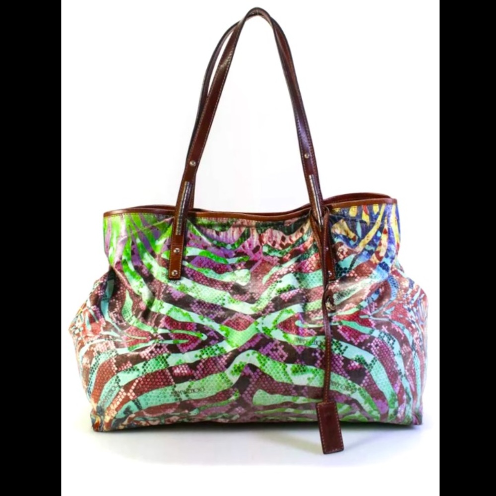 Jimmy Choo Womens Coated Canvas Animal Printed Tote Handbag Brown Green Pink